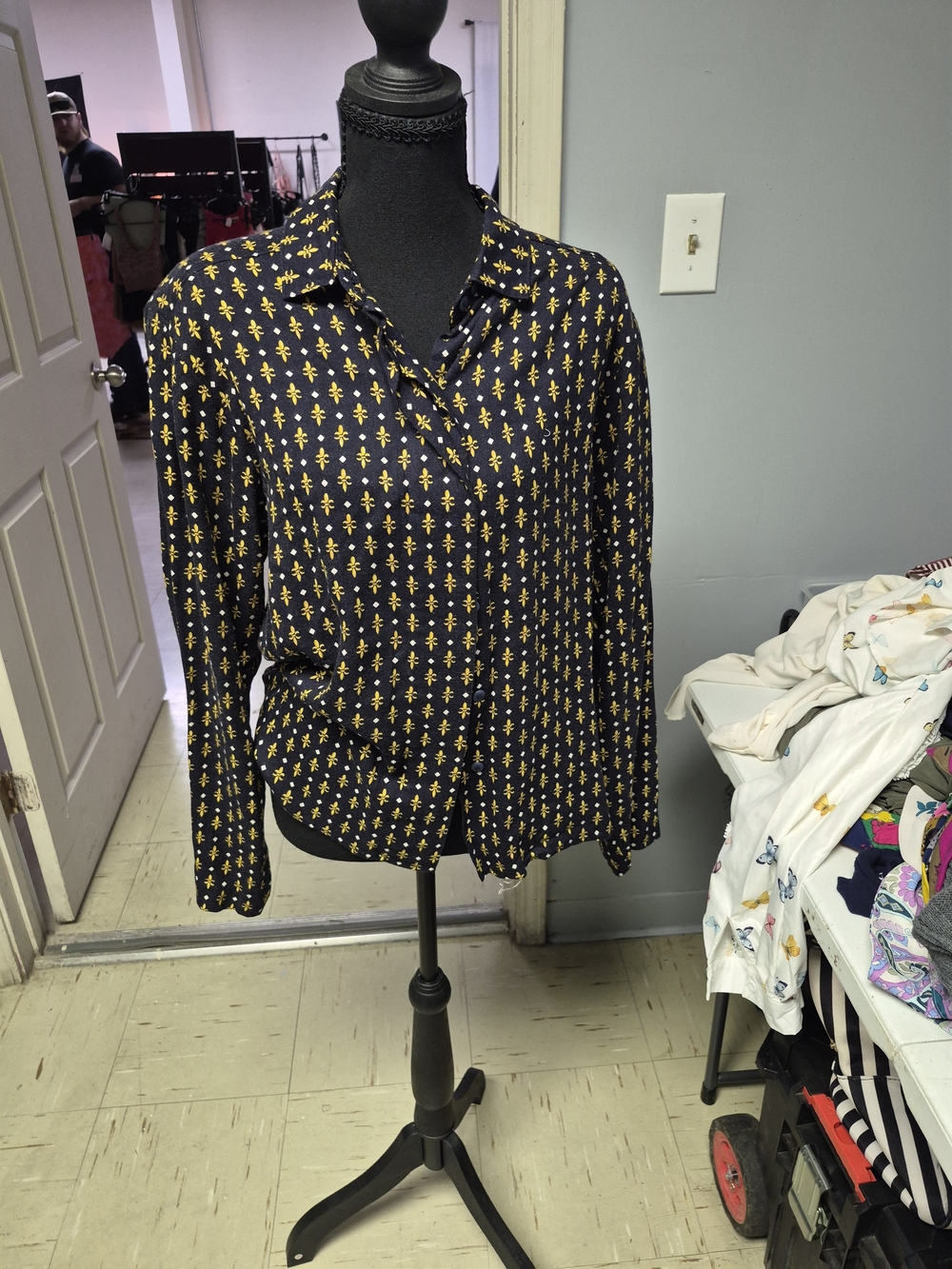 Navy Button-Up Shirt with Yellow Fleur Pattern